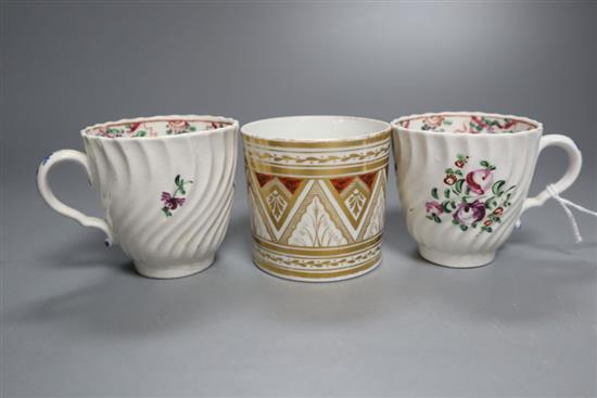 A Derby sugar bowl and cover, c.1795, width 14.5cm, two Newhall type coffee cups and an English porcelain coffee can, c.1800,